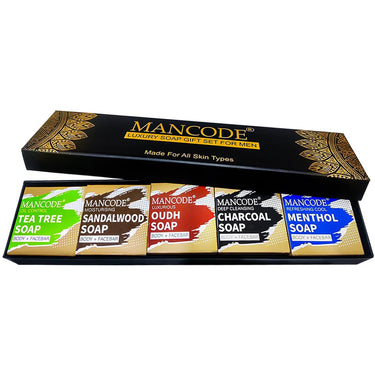 Mancode Luxury Soap Gift Set For Men Pack With 5 unique Soap Bars | Tea Tree, Sandalwood, Oudh, Activated Charcoal & Menthol | Daily Bathing Bar Soap For Men For All Skin Types. (Pack of 5) 625g